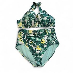 Adore Me Leaf Print Bikini Set 44DD 2X High Waisted Halter Swim Plus Size